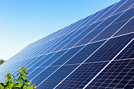 Solar panels. Solar panels reflecting sunlight and contributing to renewable energy production,...