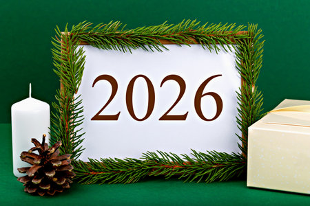 Mockup. New Year. Festive mockup for design or advertising featuring year 2026 elegantly framed lush pine branches, accompanied by candle and beautifully wrapped gift box, creating holiday atmosphereの写真素材