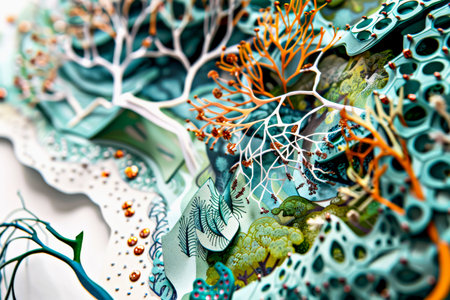 Abstract background. Intricate paper cut illustration showcases vibrant underwater landscape filled with colorful coral, sea life and detailed textures, creating captivating oceanic beautyの素材
