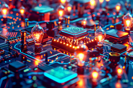 Neon electronic circuit network. Futuristic circuit board filled with glowing lights and intricate electronic components, creating vibrant atmosphere, complexity and beauty of modern technologyの素材