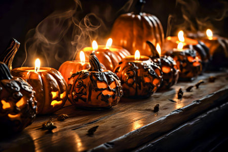 Halloween. Pumpkins. Glowing carved pumpkins with flickering candles arranged on wooden surface, creating warm and spooky ambiance for Halloween festivities, surrounded by soft smoke and autumn decorの素材