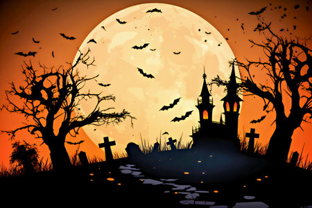 Halloween. Spooky Halloween landscape featuring haunted house silhouetted at cemetery against full moon, surrounded by bats and bare trees, creating eerie atmosphere with winding path and gravestonesの素材