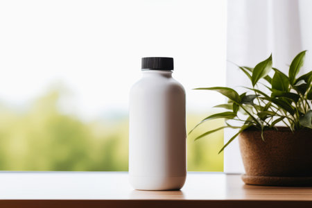 Mockup. Beauty and health. White plastic bottle stands on wooden table next to green potted plant, with soft natural light filtering through window, creating serene and fresh atmosphere in sceneの素材