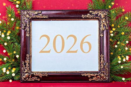 New Year. Elegant decorative frame featuring year 2026 , surrounded by festive greenery and soft lights, creating warm atmosphere for New Year celebrations and holiday greetingsの写真素材