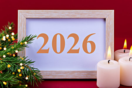 Christmas. New Year. Festive arrangement showcasing wooden frame with year 2026, surrounded by lit...