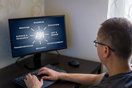 Remote work from home. Man seated at desk, focused on computer screen displaying artificial intelligence applications across multiple sectors, including business, education, and entertainmentの写真素材