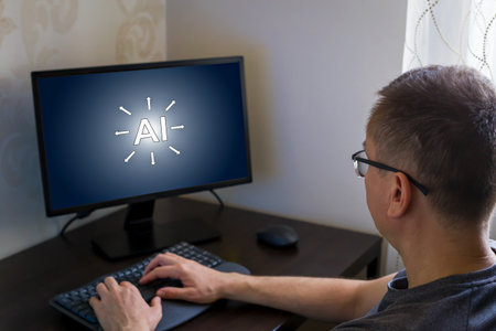 Remote work from home. Man focused on computer screen showcasing AI technology in contemporary...