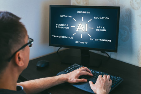 Remote work from home. Man seated at desk, focused on computer screen displaying various applications artificial intelligence across multiple sectors, showcasing versatility and impact AI technologyの写真素材