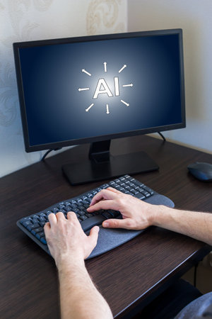 Remote work from home. Hands are actively typing on keyboard in front of computer screen showcasing an AI technology concept, with clean workspace and ample copy space for text or graphics. Verticallyの写真素材