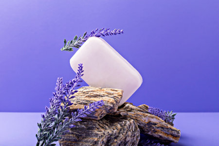 Lavender soap. Beauty and health. Lavender soap bar elegantly positioned on textured stones, surrounded by fresh lavender sprigs, against purple background, creating serene and calming atmosphereの写真素材