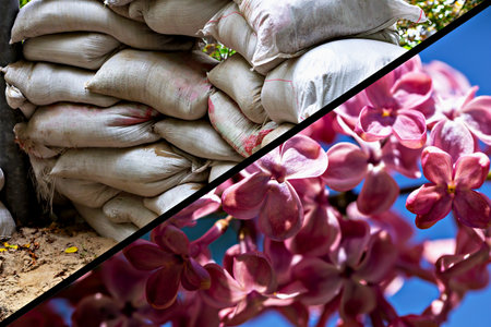 Textured burlap sacks are stacked neatly on one side, contrasting with vibrant pink flowers blooming on other side, showcasing beauty of nature and industrial elements in harmonyの写真素材