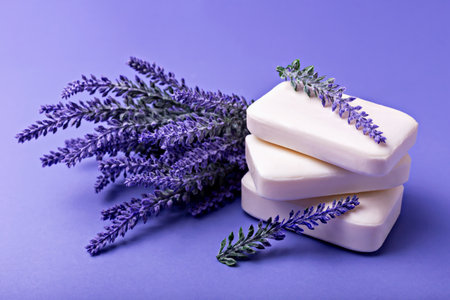 Lavender soap. Beauty and health. Stacked lavender soap bars are accompanied by fresh lavender sprigs, creating soothing and aromatic display on vibrant purple backgroundの写真素材