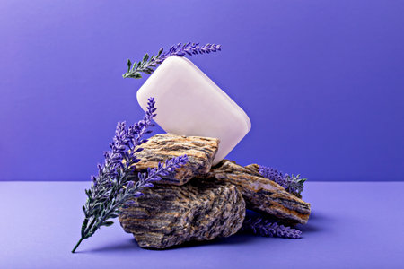 Lavender soap. Beauty and health. White soap bar elegantly positioned on rough rocks, surrounded by fresh lavender sprigs, creating serene and calming atmosphere with vibrant purple backdropの写真素材