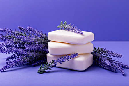 Lavender soap. Beauty and health. Stacked lavender soap bars surrounded by fresh lavender sprigs create calming scene on vibrant purple background, showcasing natural beauty and relaxationの写真素材