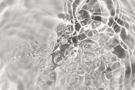 Sun glare, big bubbles on water. Gray textured background. Close-up, selective focus, defocus.の写真素材