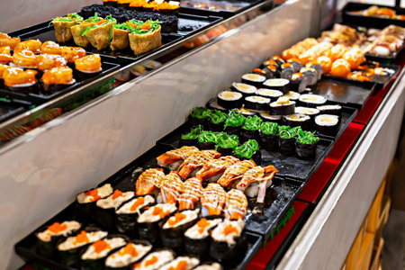Colorful sushi platter showcases an array of sushi rolls, including nigiri and maki, beautifully arranged with fresh ingredients, highlighting vibrant colors and textures of Japanese cuisineの写真素材