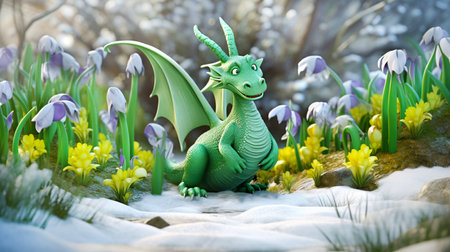 A green dragon in the snow in spring in a clearing among the first spring flowers. Calendar 2024, March, Aprilの素材