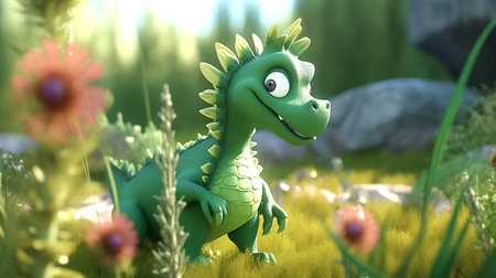 Green dragon on a blooming meadow in spring in May or early summer Calendar for 2024. May, June, July, August.の素材