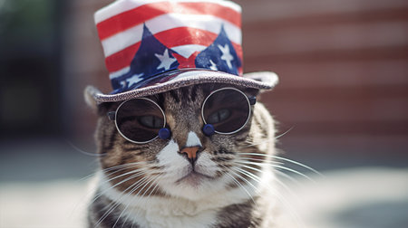 an important cat in close-up with glasses and a top hat with the symbols of the US flag in the rays of sunlight. Independence Day of America, a patriotic postcard.の素材