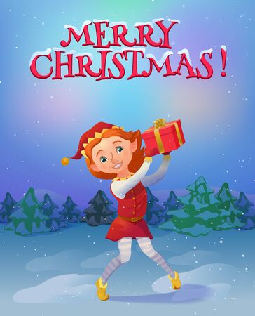 Elf holding christmas gift standing in the woods. Christmas landscape and santa's elf cartoon character. Vector illustrationのイラスト素材