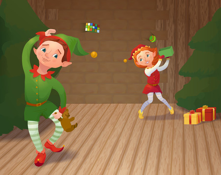 Cute santa's elves playing and packing christmas gifts. Xmas cartoon characters. Vector illustrationのイラスト素材