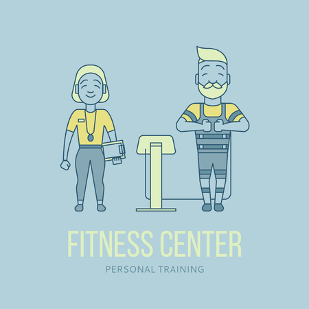 Ems training. Electric muscular stimulating fitness. Fitness center banner. Personal trainer and sportsman. Line flat concept. Sports company flyer, sticker. Vector illustrationのイラスト素材