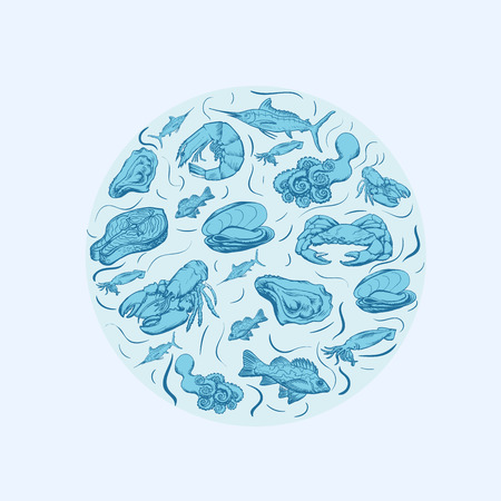 Seafood concept. Template with fish silhouettes for menu or brocのイラスト素材
