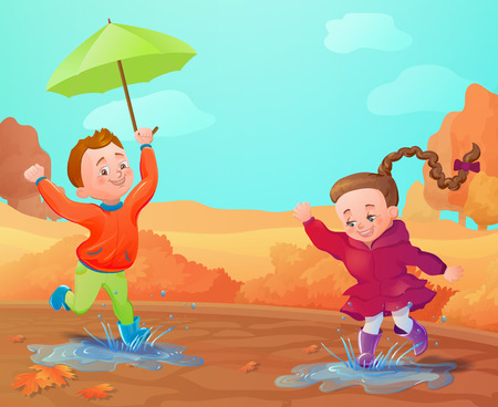 Autumn background with funny smiling kids. Seasonal sale poster,のイラスト素材