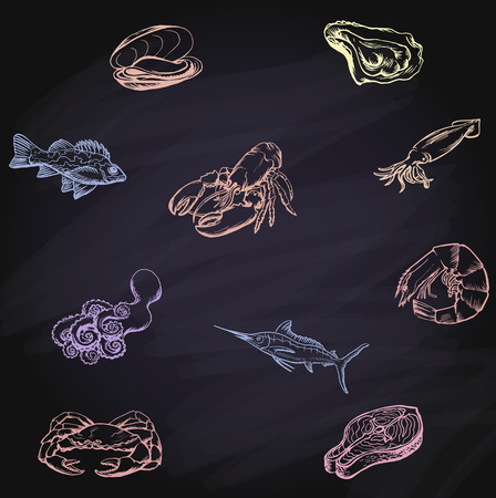 Seafood concept on chalkboard. Template with fish silhouettes foのイラスト素材