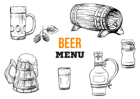 Beer menu elements in sketch hand drawn style including bottles,のイラスト素材