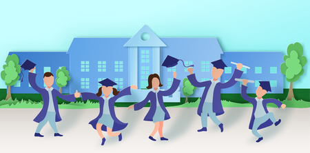 Graduation party background in paper art style with happy cartoon graduates. Vector illustration in carved craft styleのイラスト素材