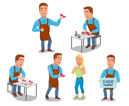 Shoemaker cartoon characters set with cobbler tools set colorfulのイラスト素材