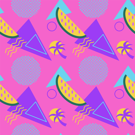 Seamless color summer patterns with watermelons and palms, geometric shapes, fashion vector backgroundsのイラスト素材
