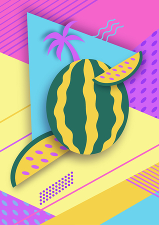 Color trendy vector geometric fashion poster or backgrounds with watermelons and palms, bright summer patternのイラスト素材