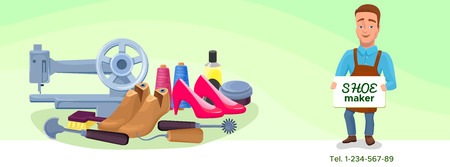 Shoemaker cartoon character banner or poster with cobbler toolsのイラスト素材