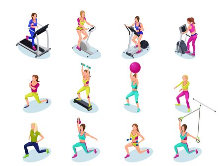 Isometric fitness people set, girls running, weight lifting, with barbell, dumbell, on step platform, with fit ball, doing exercises, gymnastics, cardio training, athletics, workout with trainerのイラスト素材