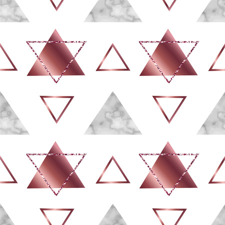 Marble geometric seamless pattern or background in trendy style, glitter, metallic textures, gold rose gradient, triangles, lines, good for poster, wallpaper, greeting card, wedding invitationのイラスト素材