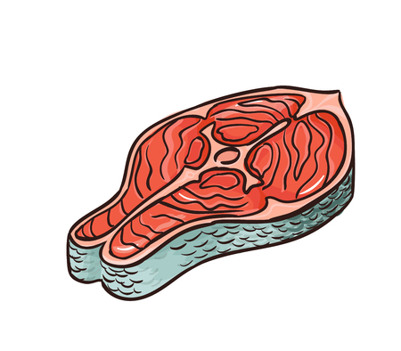 Salomon steak or slice of trout vector icon isolated, hand drawn sketch of piece of sea fish, template for menu, food diet infographics, sticker, flyer, printのイラスト素材