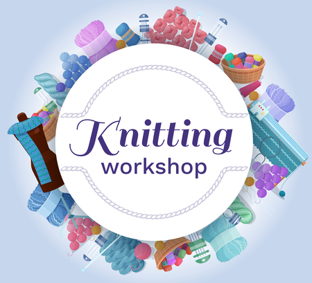 Knitting or handmade workshop vector banner or background with needlework and handicraft accessories, crafts icons isolated, good for wool or hobby shopのイラスト素材