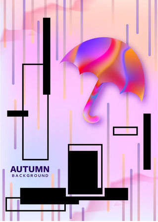 Autumn abstract color poster in trendy 90s style with umbrella, geometric shapes, fluid and liguid texture, fashion bright background, template for banner, cover, invitation, vector illustrationのイラスト素材