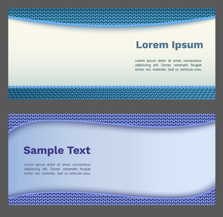 Knitting banner or flyer set with wool and hobby accessories, craft icons and handmade woolen knitted pattern with blue background vector illustrationのイラスト素材