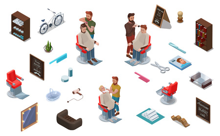 3d isometric people and barber shop interior constructor, hairdresser cutting hair, shaving, characters set, collection for hipster hair salon, beauty studio, wood furniture, barbershop accessoriesのイラスト素材