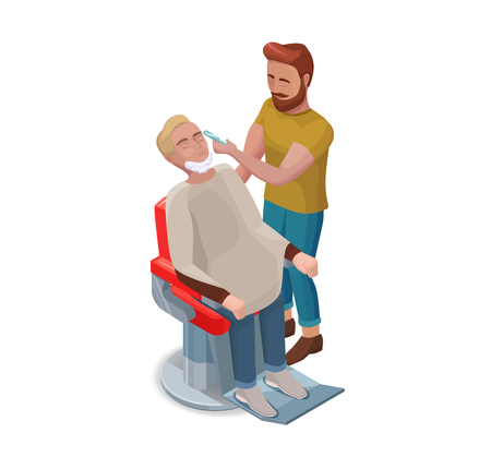 Barber or hairdresser shaving beard of modern hipster man, isometric infographic 3d vector illustration, barbershop template, male trendy beauty studioのイラスト素材
