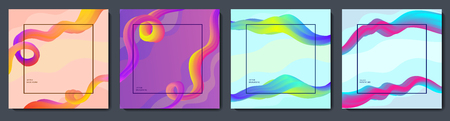 3d waves set or colorful background with frames, bright pink, violet, blue curly ribbons, template for cover, poster, vector illustrationのイラスト素材