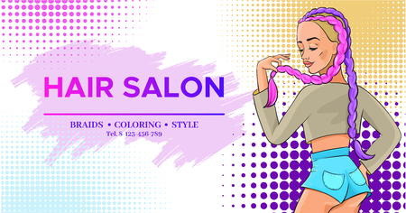 Hair salon banner with pop art style girl with colored boxer braids trendy hairstyle wearing jeans shorts, hairdresser flyer, fashion modern woman, beauty studio poster vector illustrationのイラスト素材