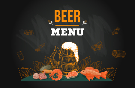 Beer menu template in sketch hand drawn style on chalkboard including bottles, glasses, growler, pint, hop, fish, shrimp, seafood, for poster or bannerのイラスト素材