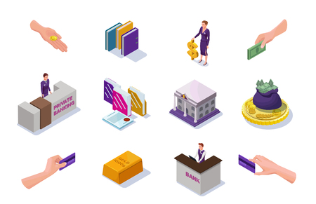 Banking and finance icons set with isometric people, office reception desk, cash money, coins, banknotes, bank building, 3d vector illustrationのイラスト素材