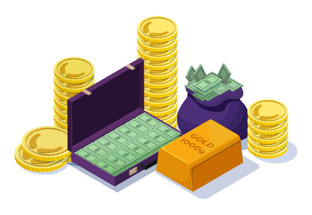 Cash money set with gold bar, golden yellow coins, case with banknotes, sack with treasures, financial concept, isometric 3d vector illustrationのイラスト素材