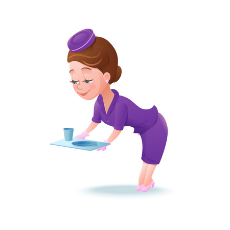 Stewardess cartoon character, airline crew member, cute girl in violet uniform serving food, vector illustrationのイラスト素材