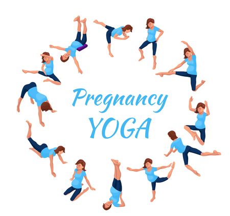 Pregnancy yoga big set with pregnant woman doing physical fitness exercise, isometric 3d vector illustration with sport training, relaxation and meditation poses collectionのイラスト素材